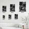 Cyclist metal sign size guide showing six square size options in a living room setting