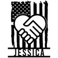 Patriotic caregiver metal sign featuring a handshake over an American flag silhouette