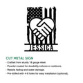 Caregiver handshake metal sign shown with product feature details and cut metal design