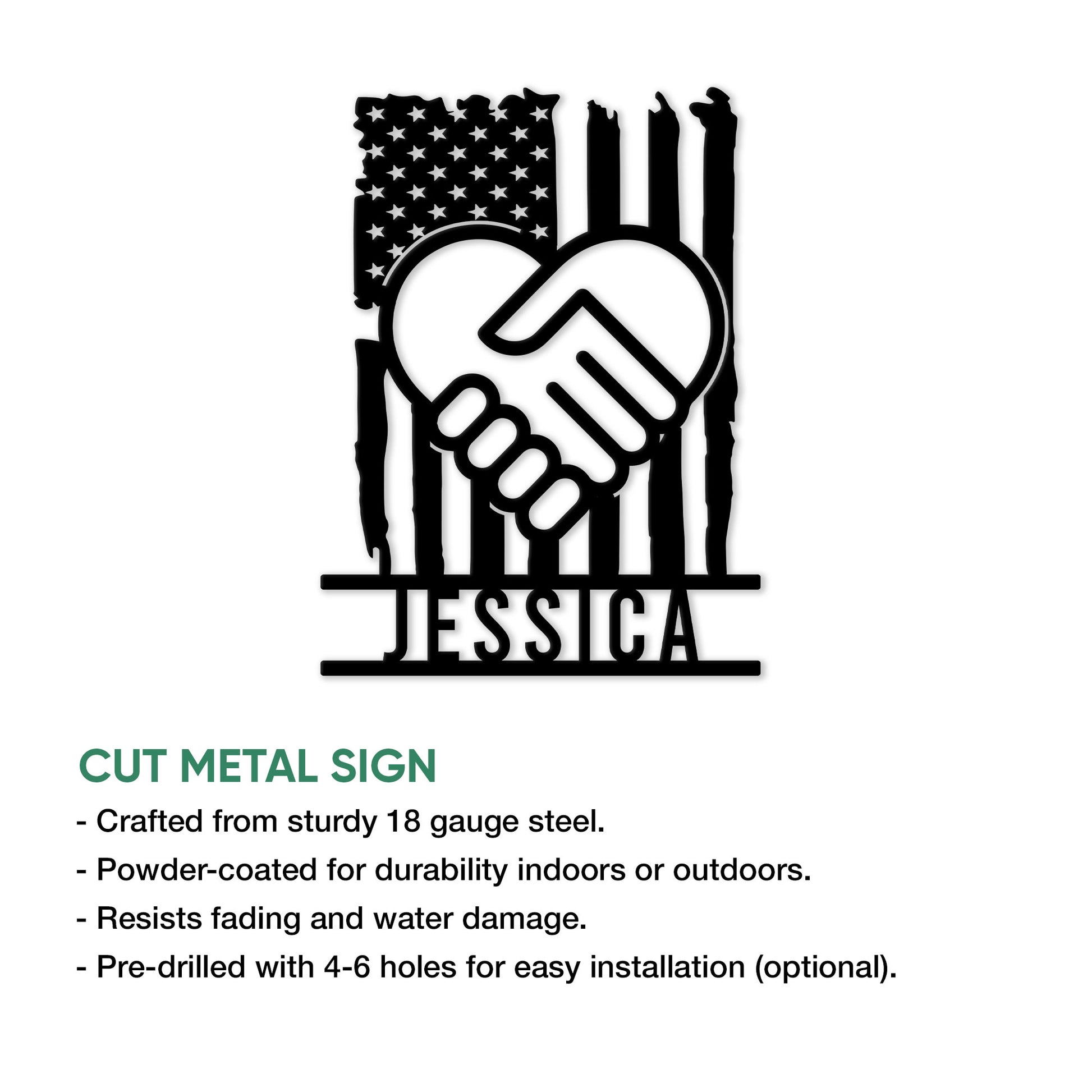 Caregiver handshake metal sign shown with product feature details and cut metal design