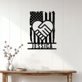Patriotic caregiver wall sign displayed on a white paneled wall above a console table