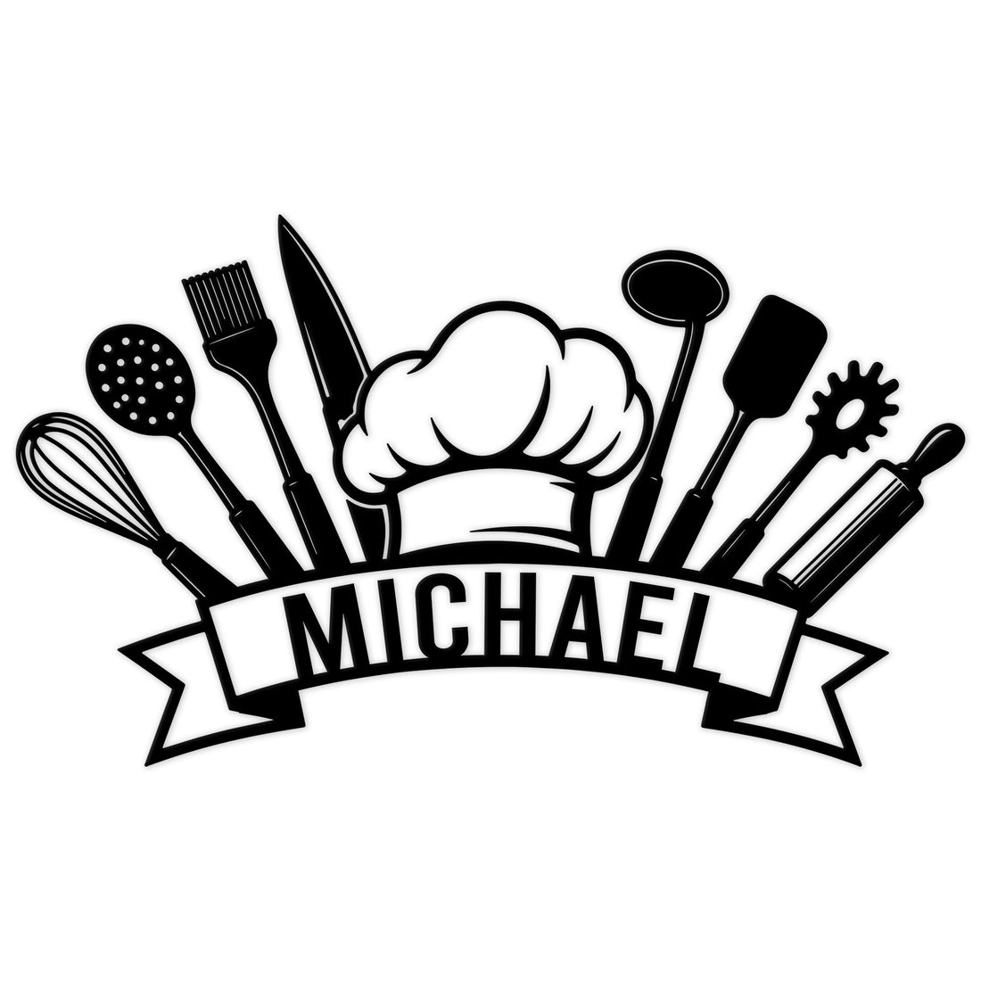 Custom chef kitchen metal sign with a chef hat, cooking utensils, and decorative banner