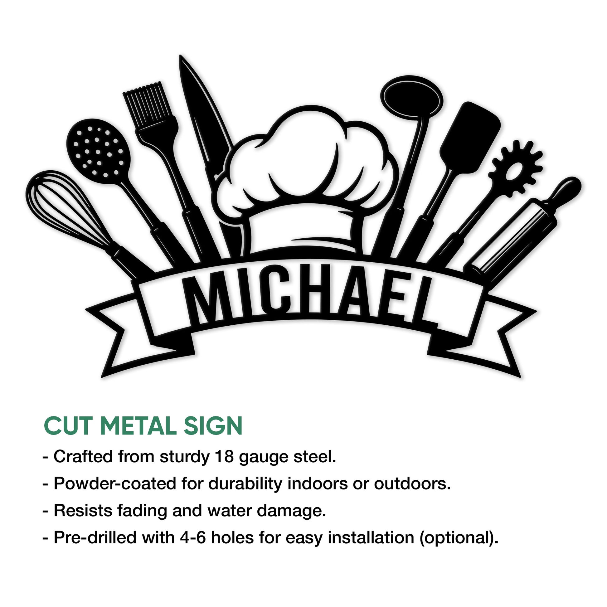 Black chef-themed cut metal sign featuring a chef hat and an arrangement of kitchen utensils
