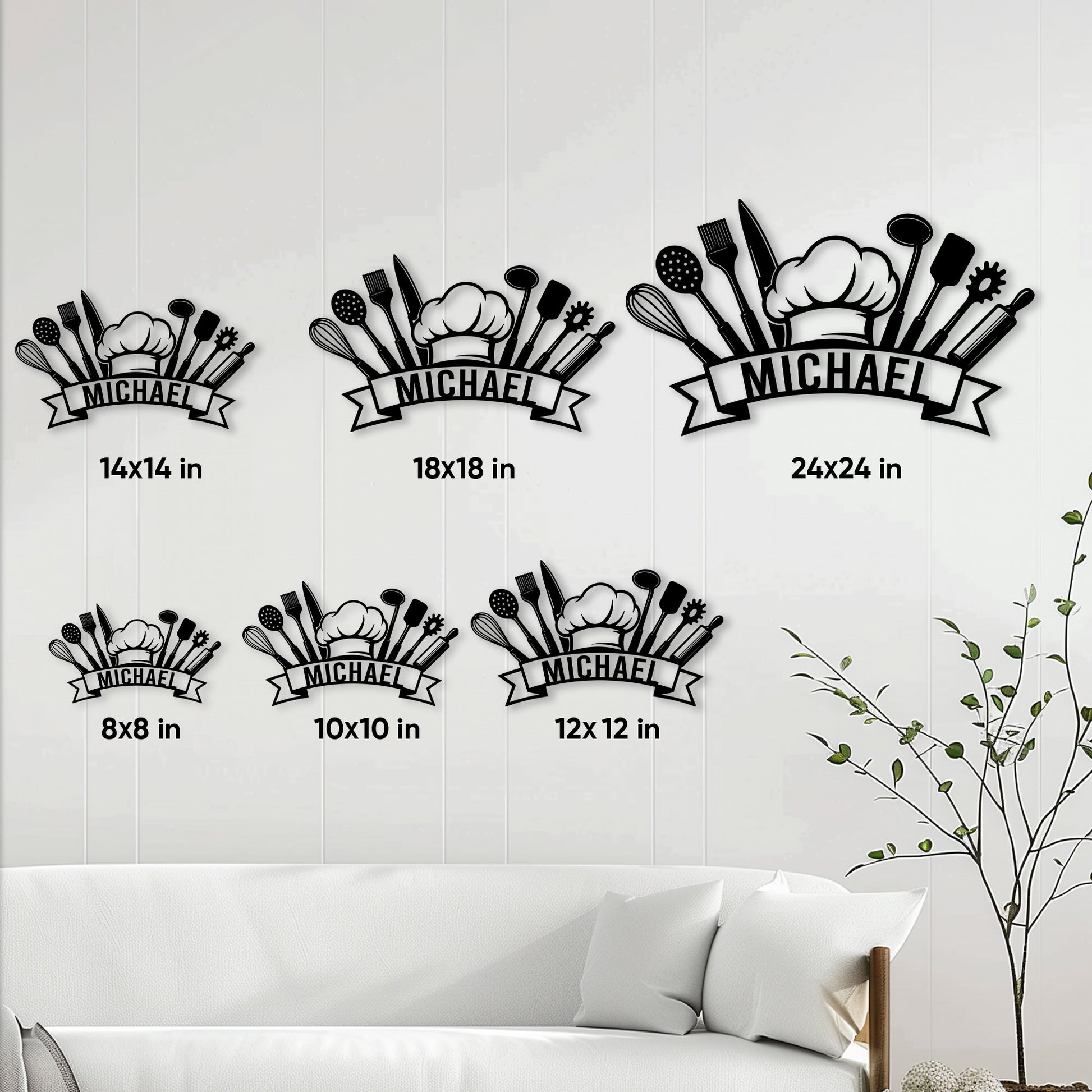 Kitchen chef metal sign size guide showing available sizes from 8 by 8 to 24 by 24 inches