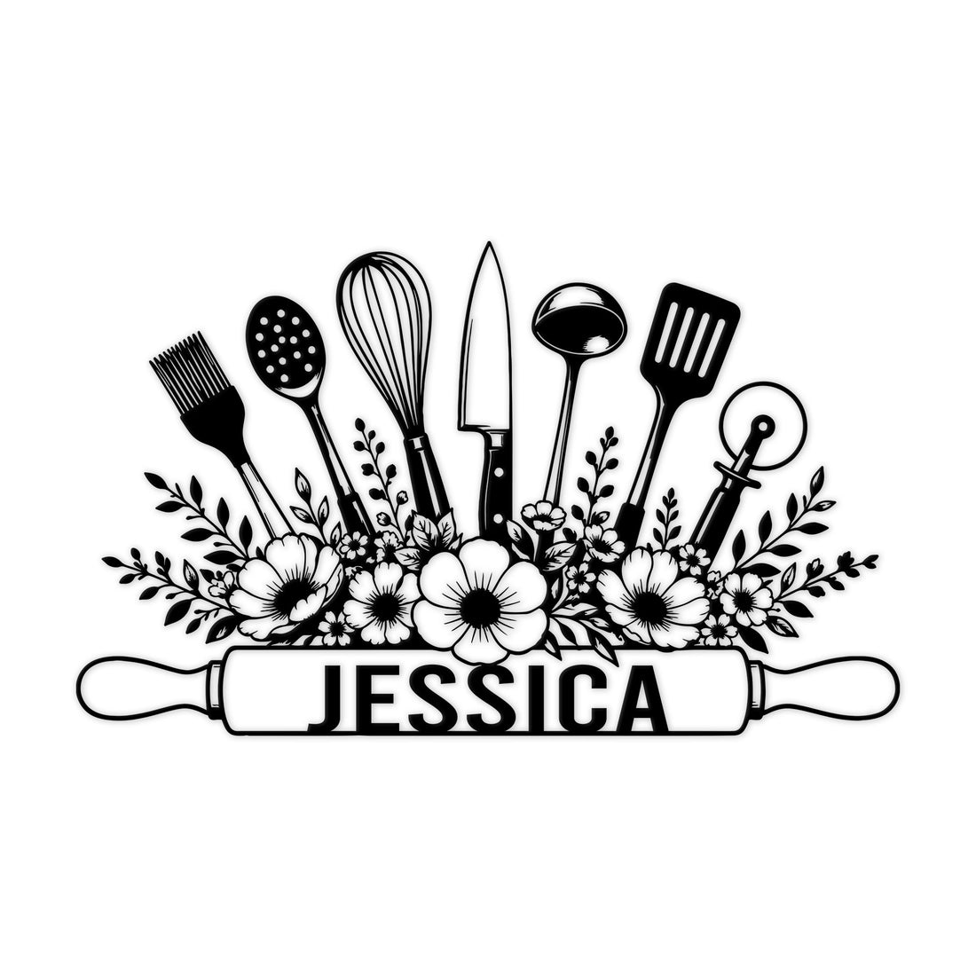 Custom kitchen metal sign featuring floral accents, cooking utensils, and a decorative rolling pin