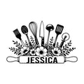 Custom kitchen metal sign featuring floral accents, cooking utensils, and a decorative rolling pin