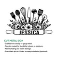 Kitchen utensil metal sign with floral detailing and rolling pin artwork shown in a product information graphic