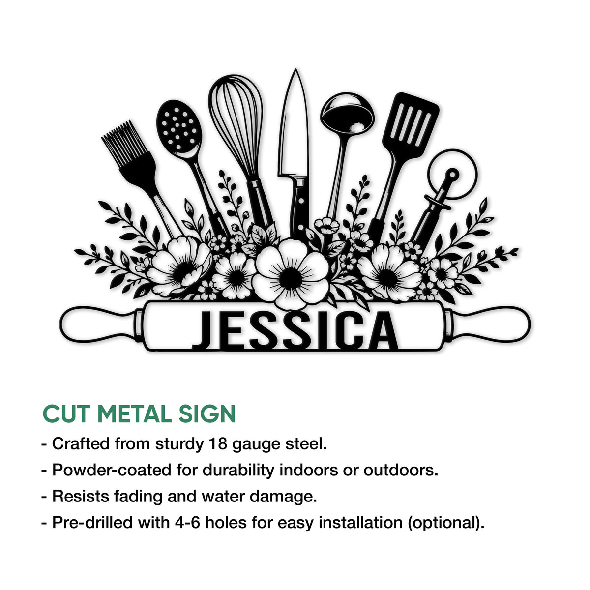Kitchen utensil metal sign with floral detailing and rolling pin artwork shown in a product information graphic