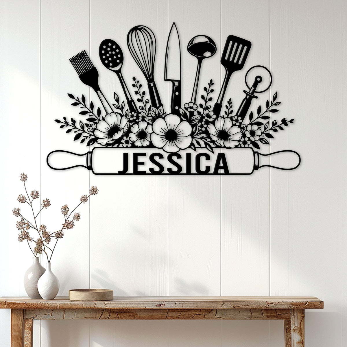 Floral kitchen metal sign displayed on a light wood wall above a console table