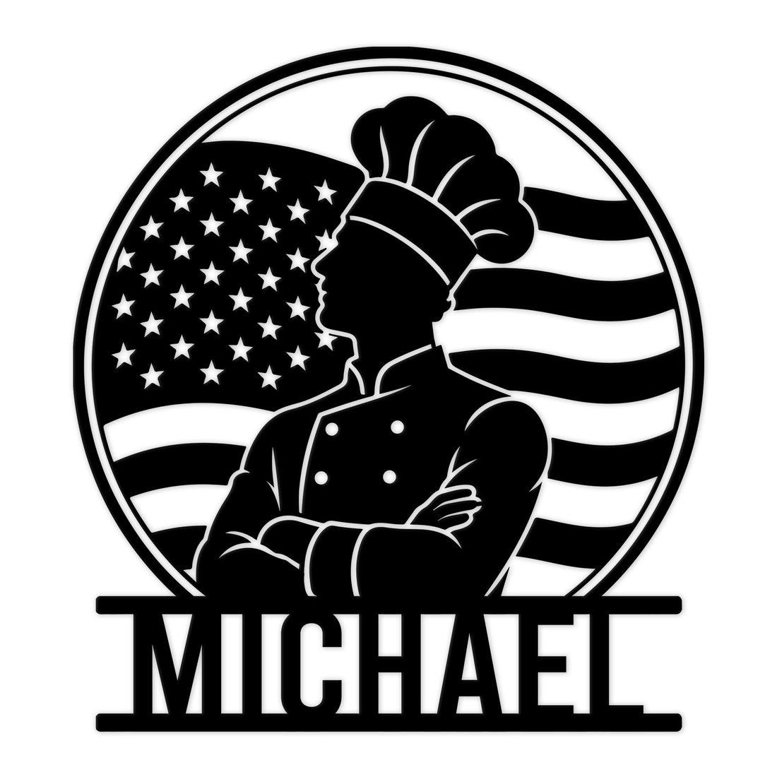 Black metal kitchen sign featuring a chef silhouette framed by a waving American flag