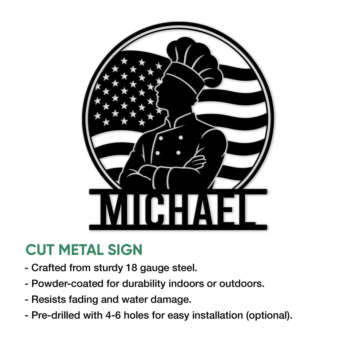 Cut metal kitchen sign showcasing a chef silhouette with an American flag backdrop