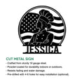 Cut metal kitchen sign with a chef silhouette and American flag design shown in black