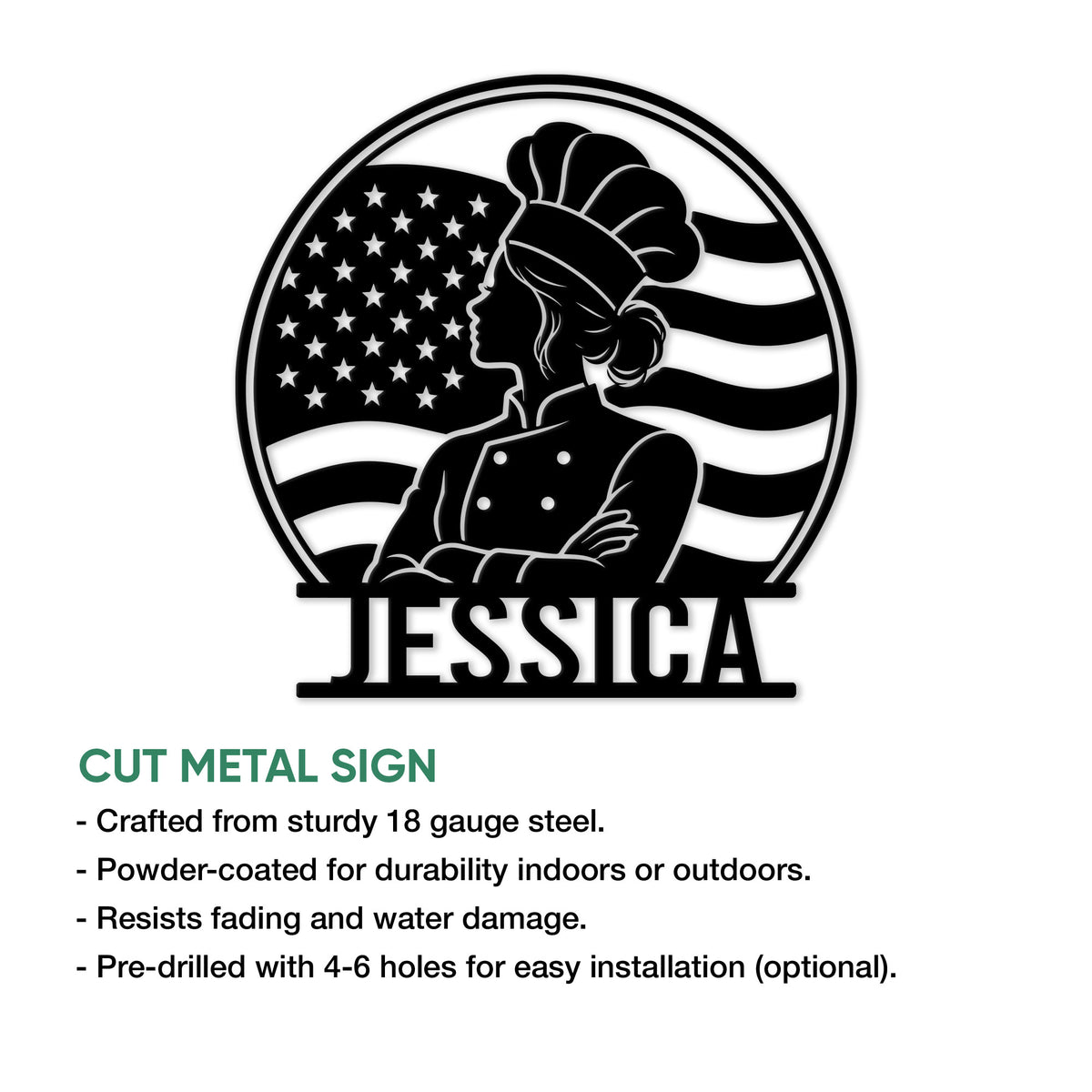 Cut metal kitchen sign with a chef silhouette and American flag design shown in black