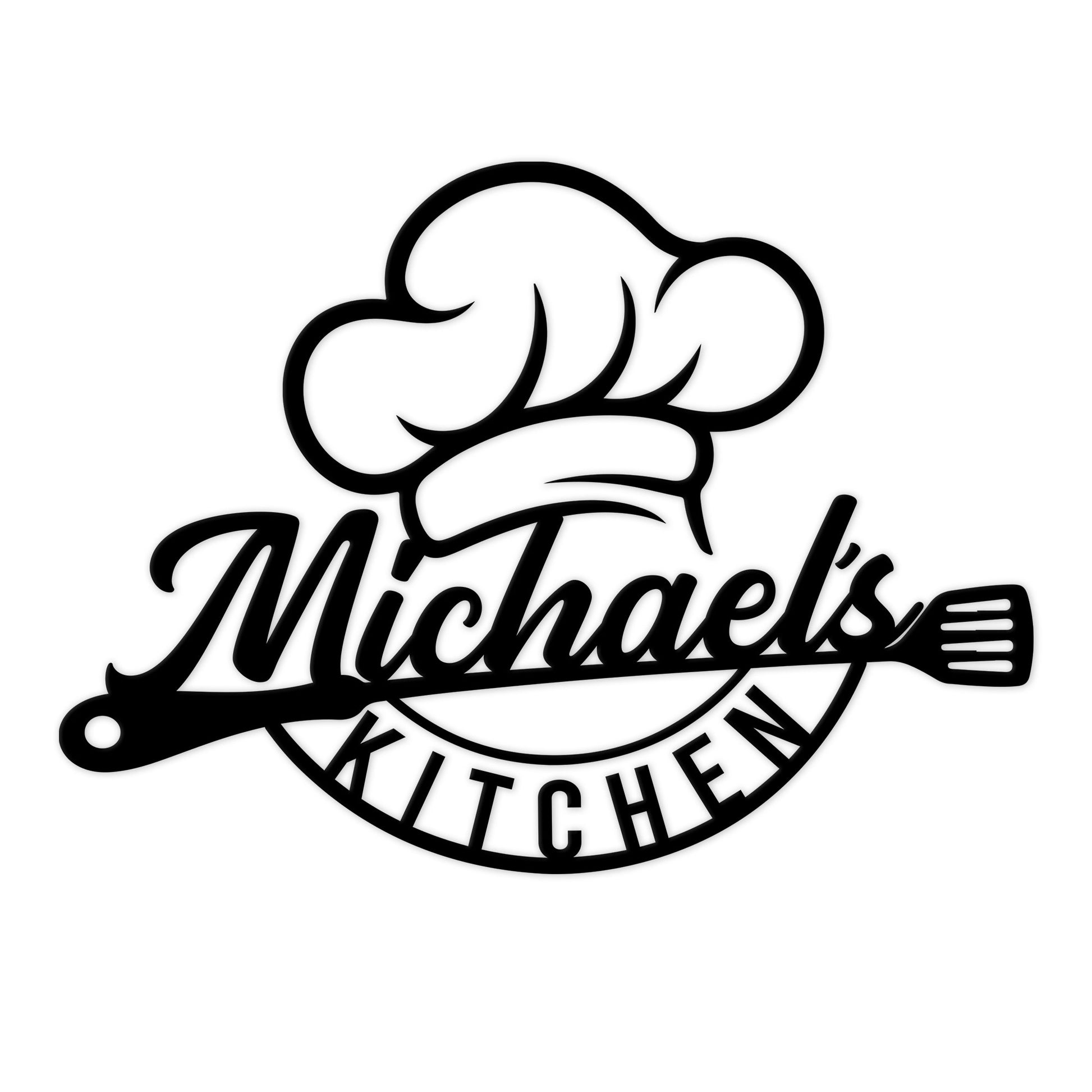 Chef hat and spatula kitchen metal sign with bold black artwork and a custom kitchen design