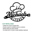 Chef kitchen metal sign displayed with visible product feature information and installation details