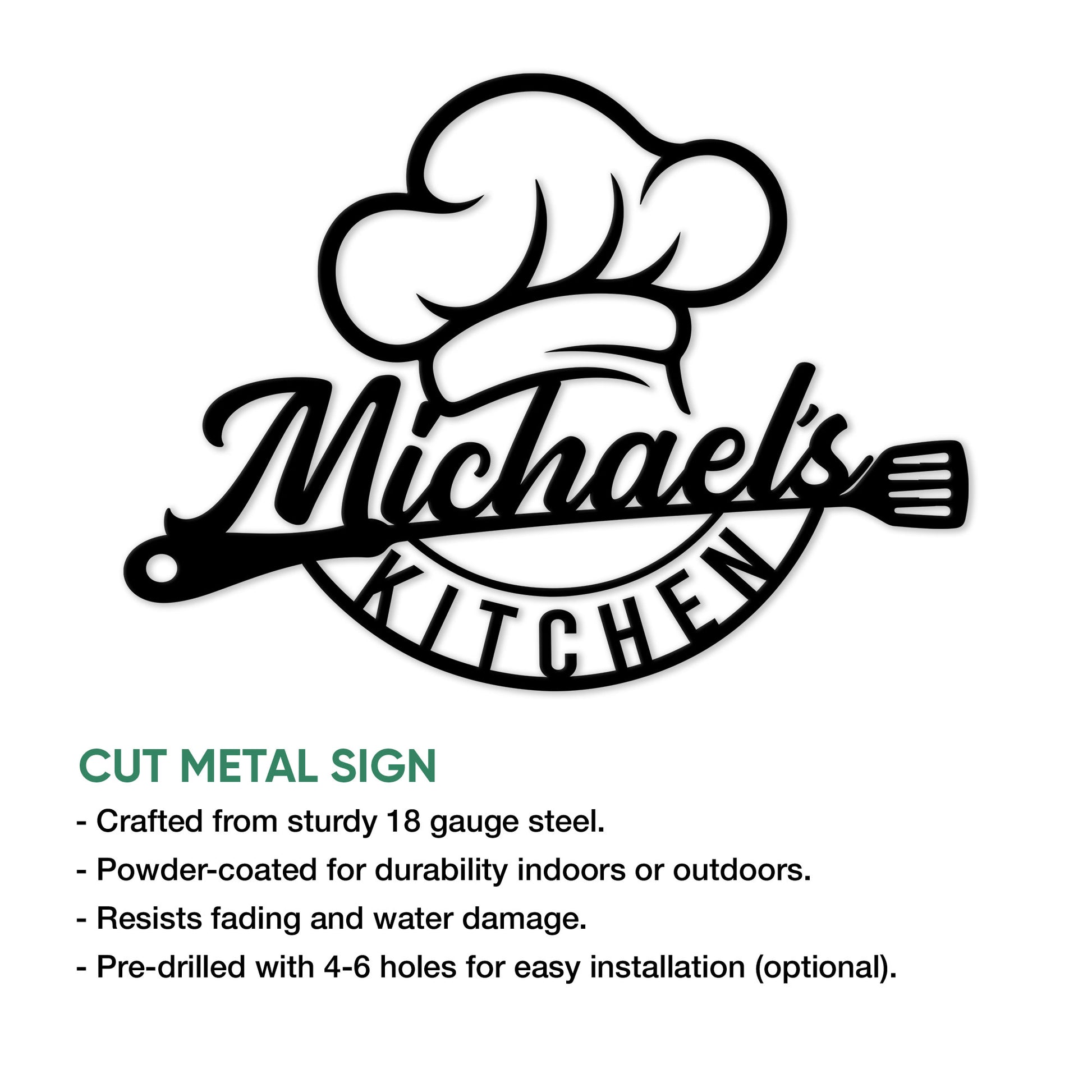 Chef kitchen metal sign displayed with visible product feature information and installation details