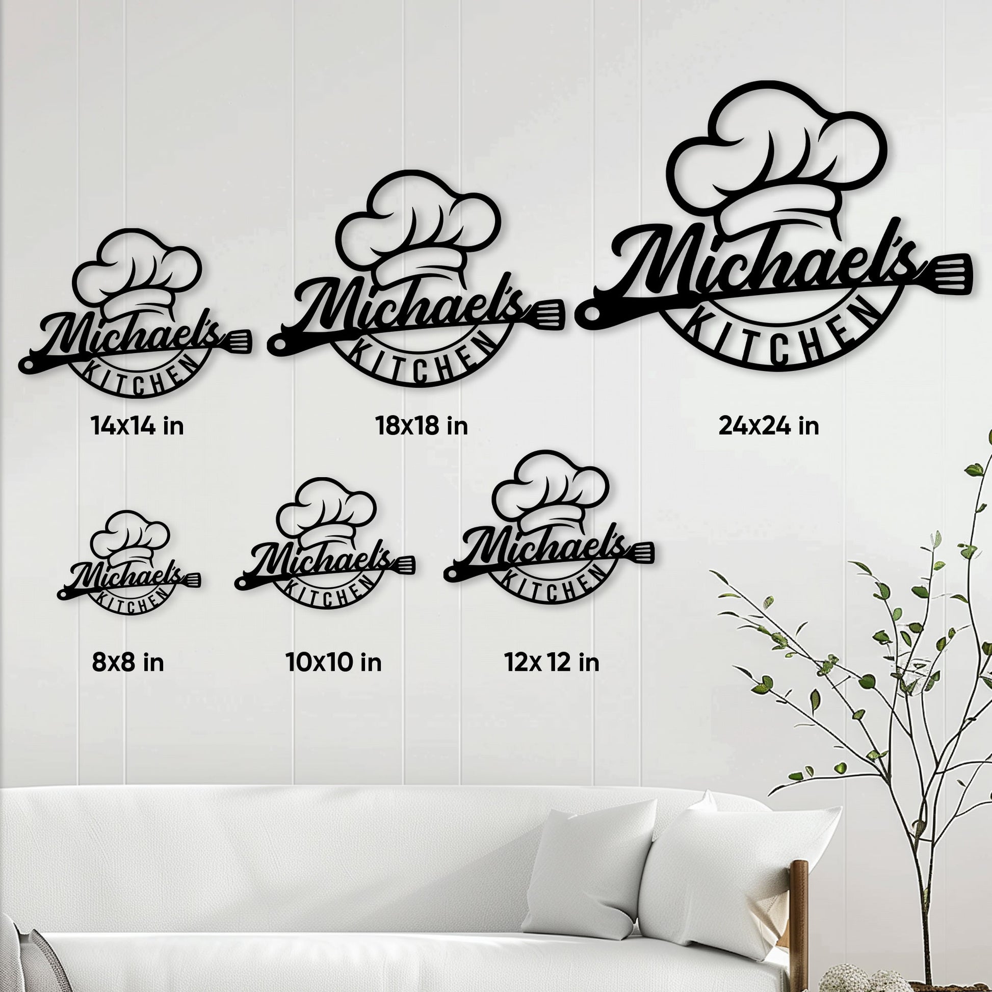 Chef kitchen metal sign shown in multiple size options for different wall decor spaces