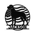 Curly Coated Retriever metal sign with a bold dog silhouette against an American flag design