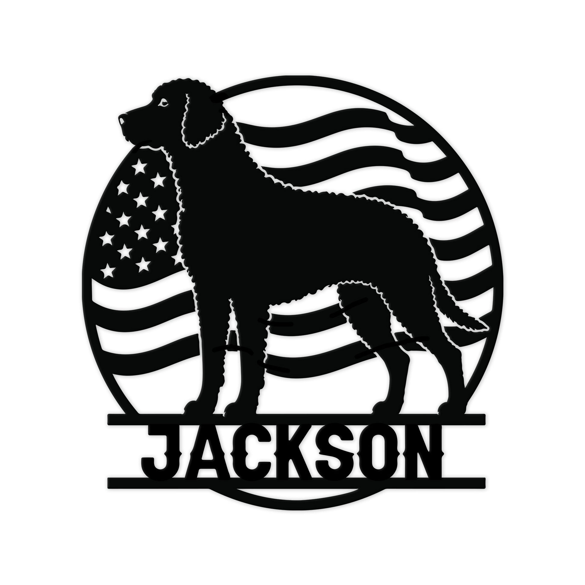 Curly Coated Retriever metal sign with a bold dog silhouette against an American flag design