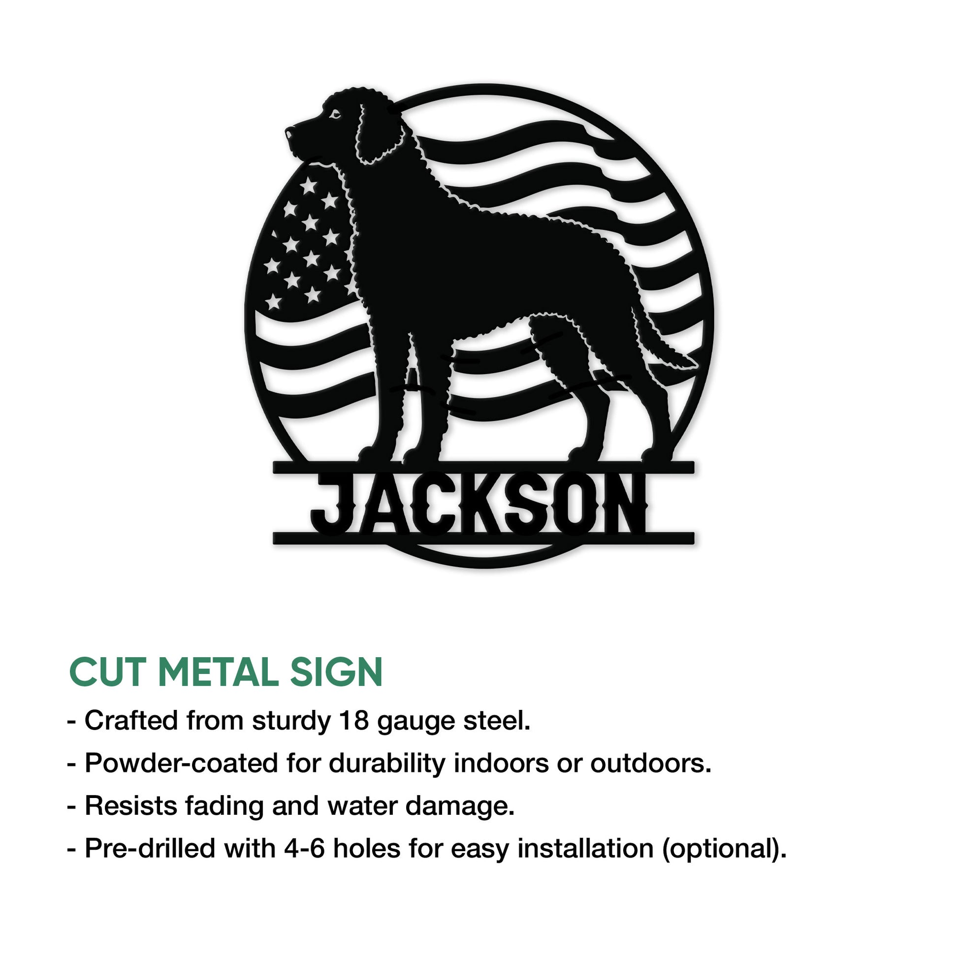 Curly Coated Retriever metal sign feature graphic showing the patriotic dog silhouette design