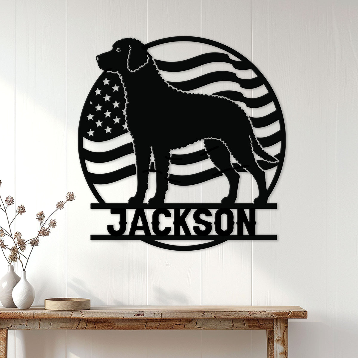 Curly Coated Retriever metal wall sign displayed on a white paneled wall above a console table
