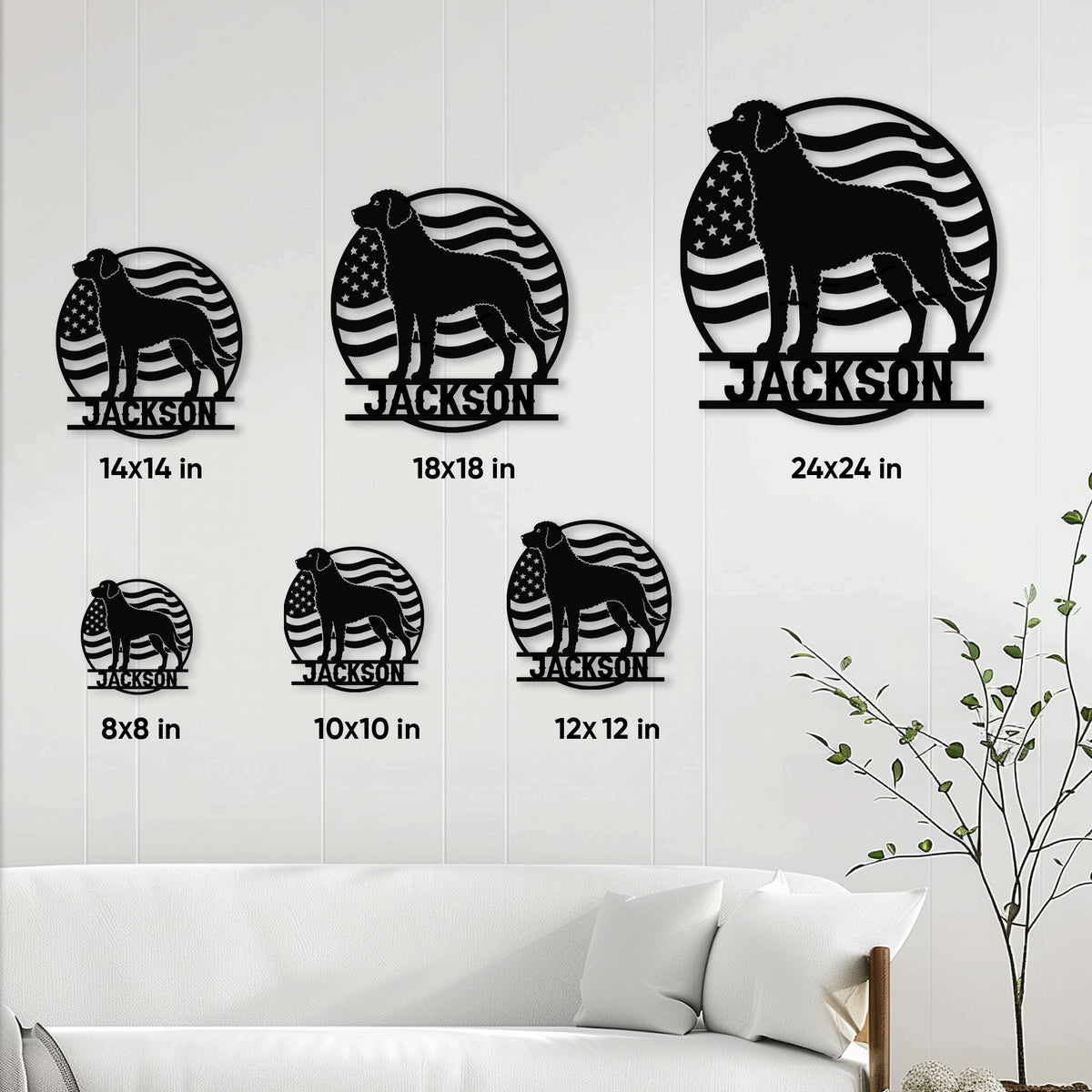 Curly Coated Retriever metal sign size guide showing six available square size options