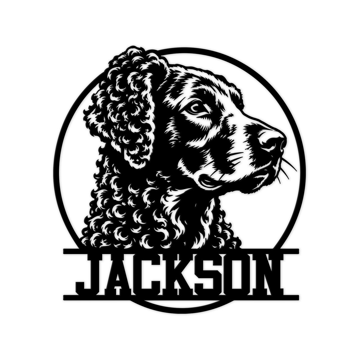 Curly Coated Retriever metal sign featuring a detailed black-and-white dog portrait in a circular frame
