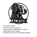 Cut metal sign with a curly-coated retriever portrait, circular outline, and bold custom design