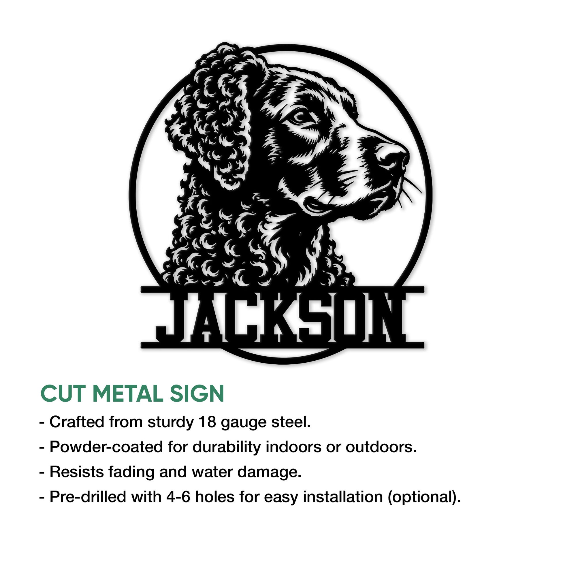 Cut metal sign with a curly-coated retriever portrait, circular outline, and bold custom design