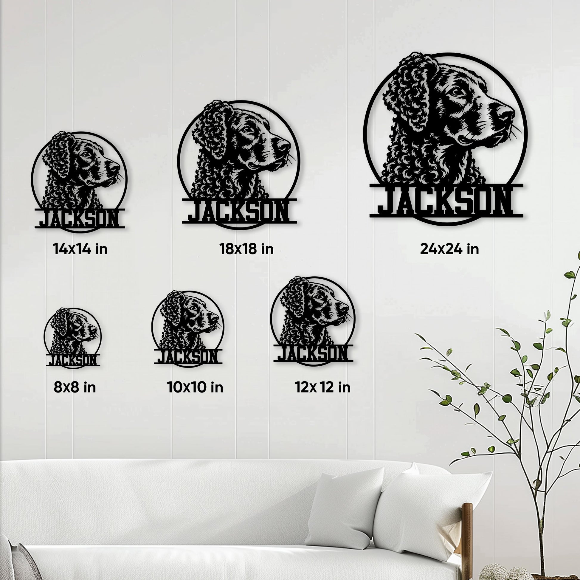 Curly Coated Retriever metal sign shown in multiple sizes for home wall decor