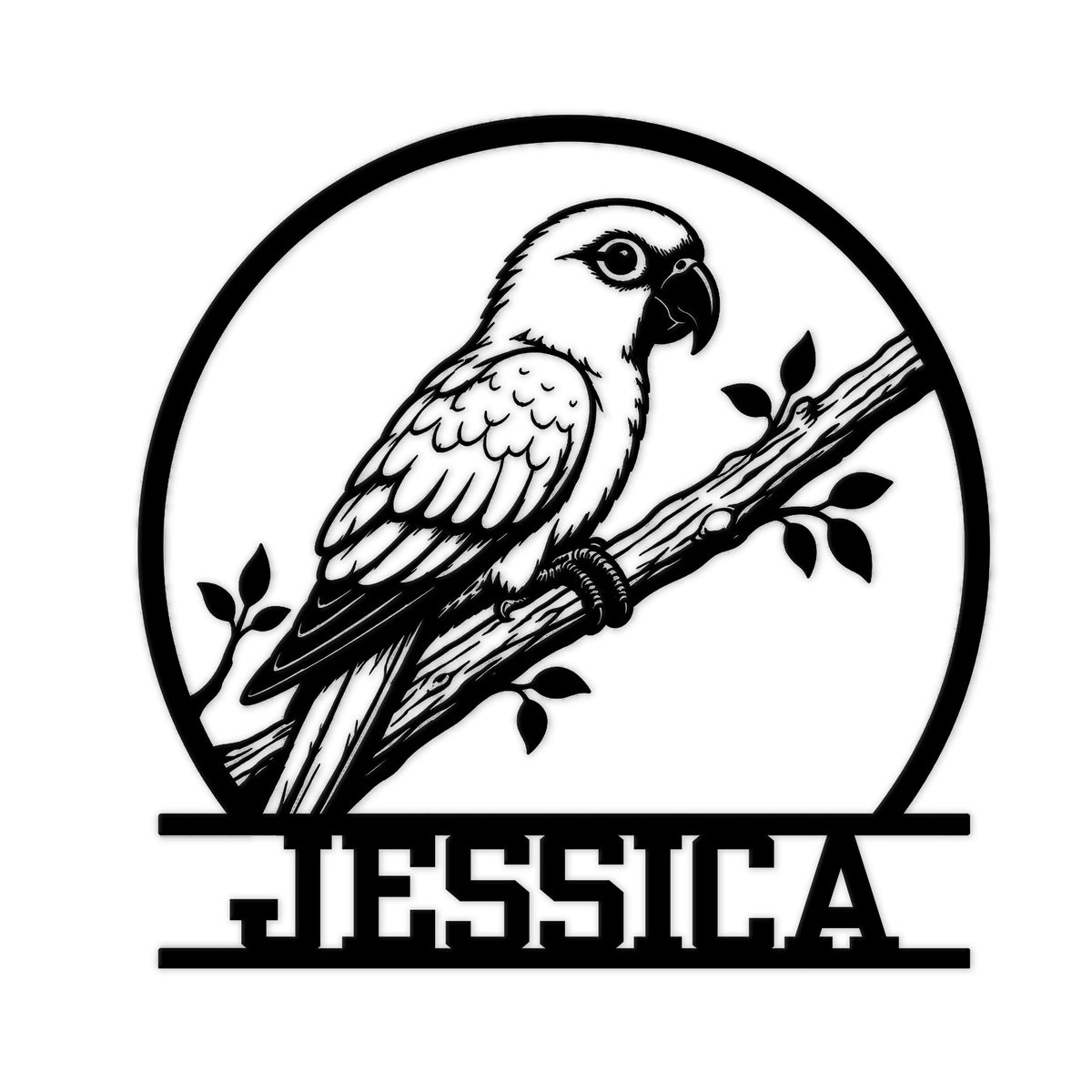 Black conure metal sign featuring a detailed parrot perched on a leafy branch inside a circular frame