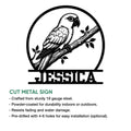 Conure cut metal sign feature graphic highlighting steel construction, powder coating, and optional mounting holes