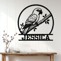 Conure parrot metal wall sign displayed on a light paneled wall above a rustic console table