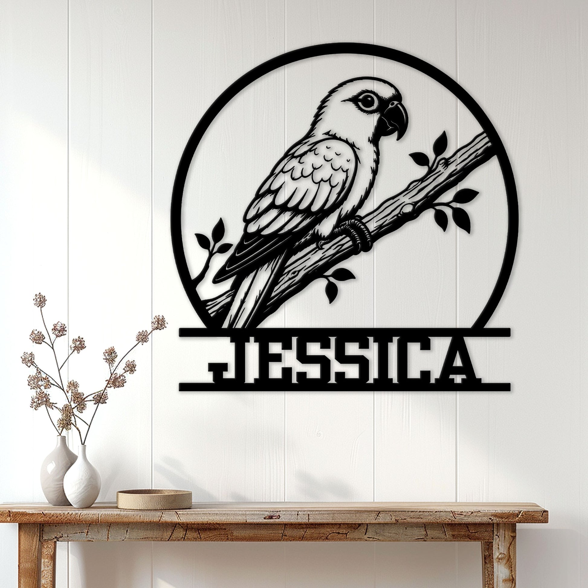 Conure parrot metal wall sign displayed on a light paneled wall above a rustic console table