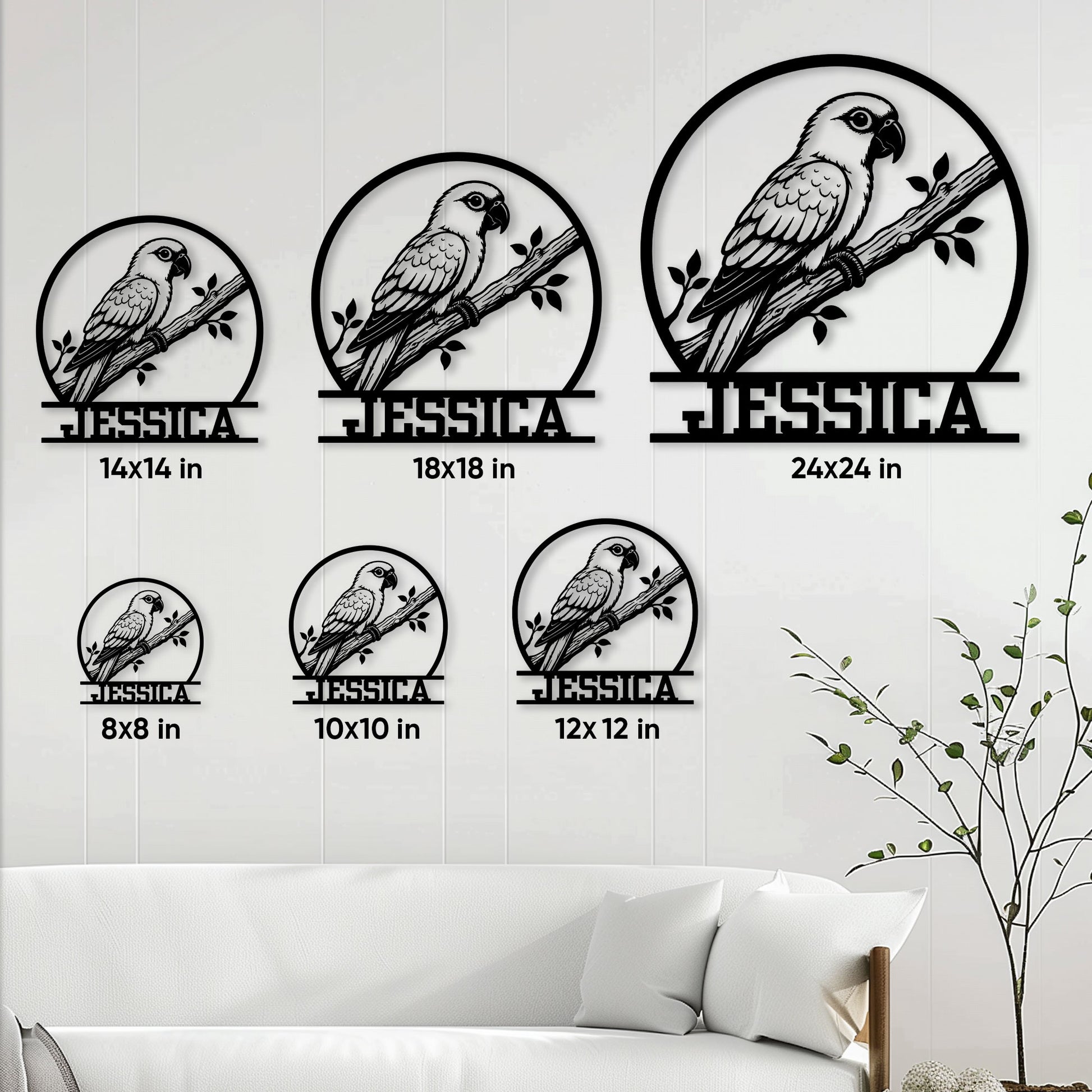 Conure metal sign size guide showing available 8, 10, 12, 14, 18, and 24 inch options