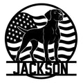 German Shorthaired Pointer silhouette set against an American flag design on a custom metal sign