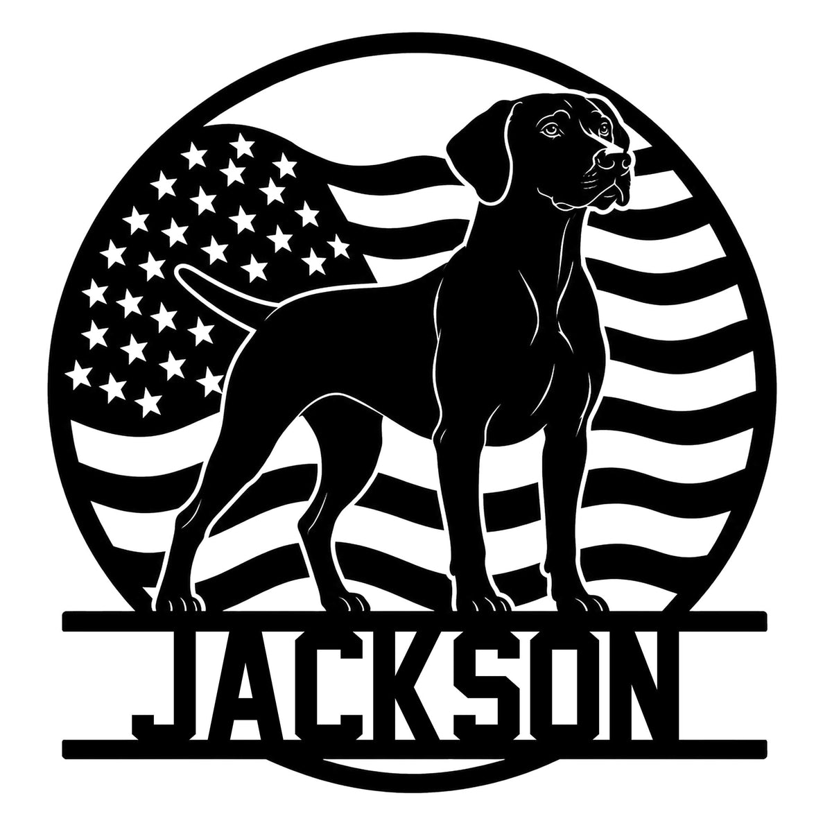 German Shorthaired Pointer silhouette set against an American flag design on a custom metal sign
