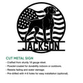 Cut metal sign featuring a German Shorthaired Pointer silhouette and American flag artwork