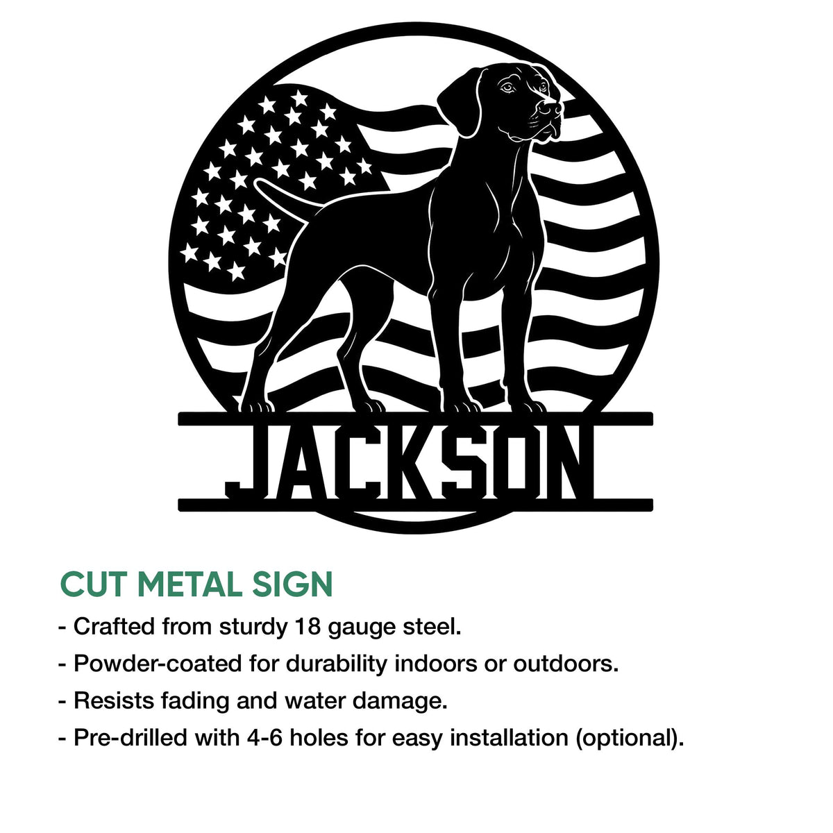 Cut metal sign featuring a German Shorthaired Pointer silhouette and American flag artwork
