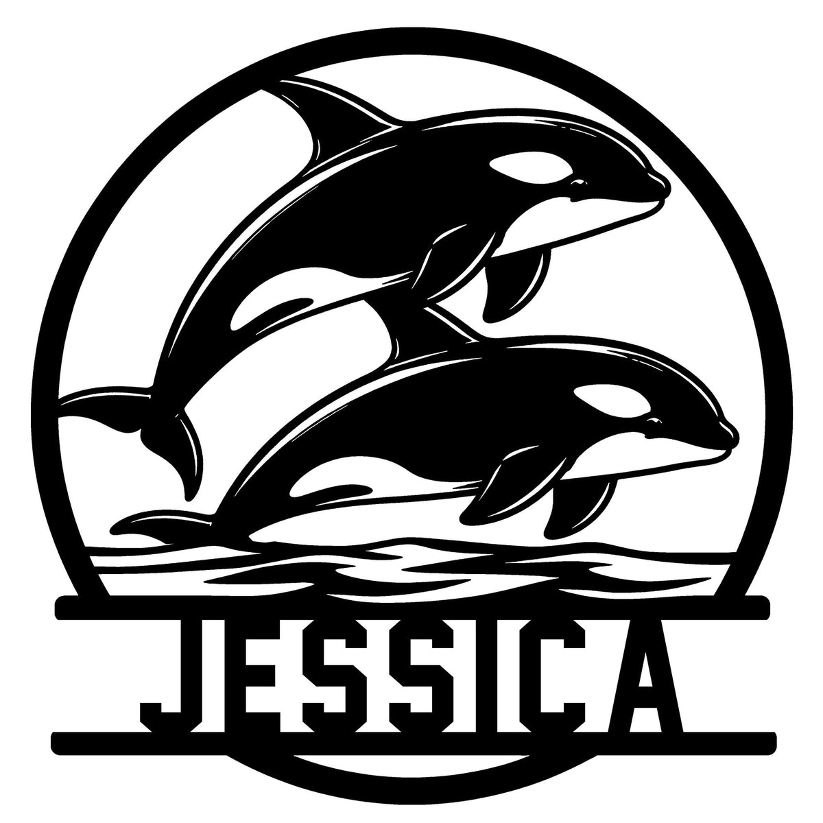 Circular orca metal sign featuring two killer whales leaping above stylized ocean waves