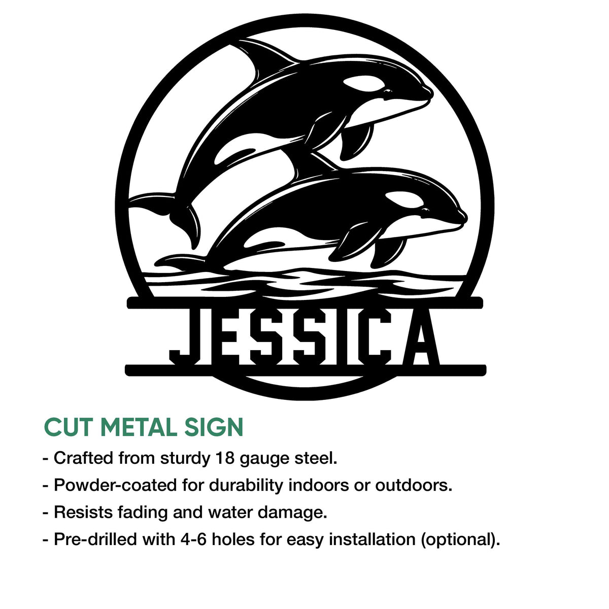 Orca cut metal sign feature graphic showing the circular whale design and indoor or outdoor display options