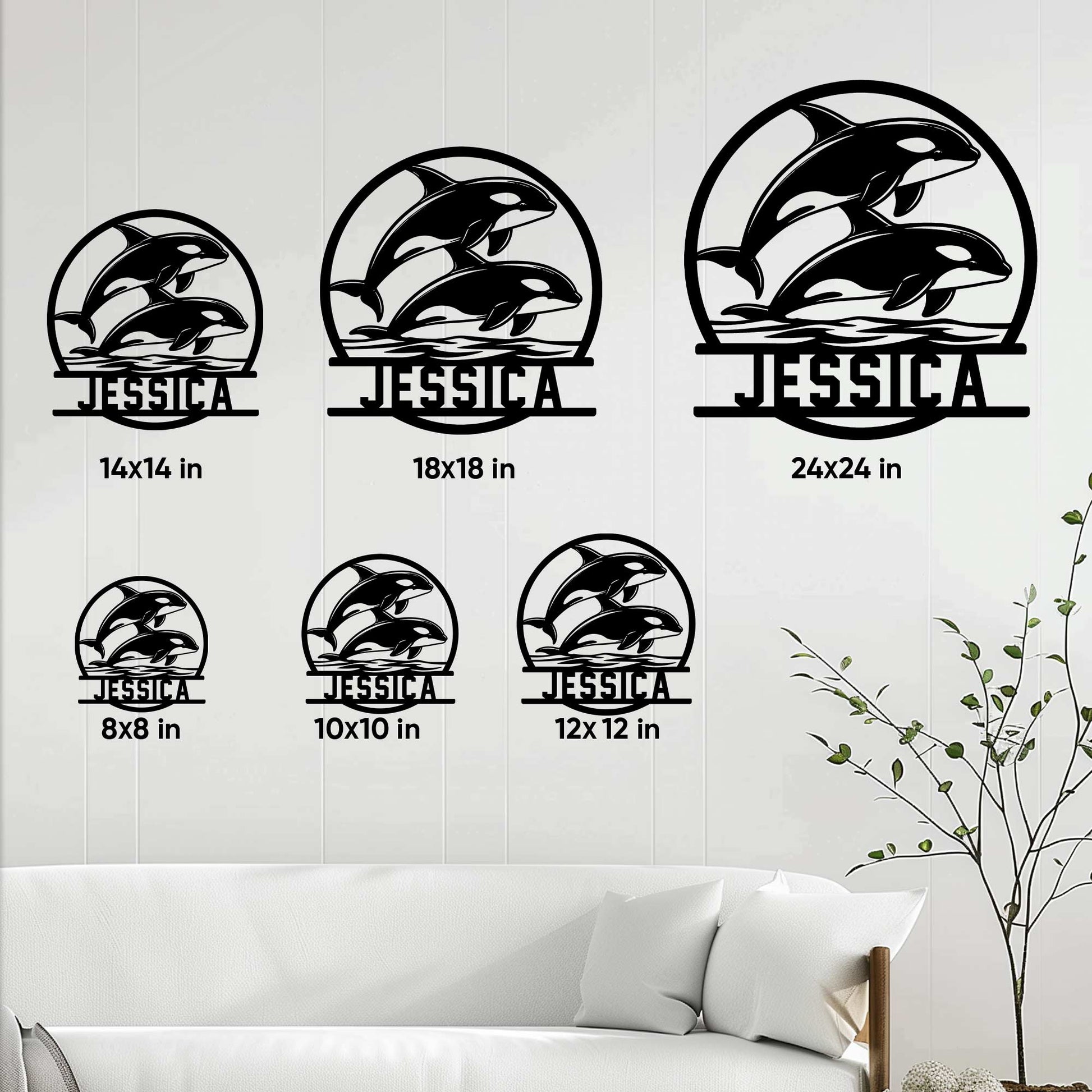 Orca metal sign size guide showing six available square sizes from 8 by 8 to 24 by 24 inches