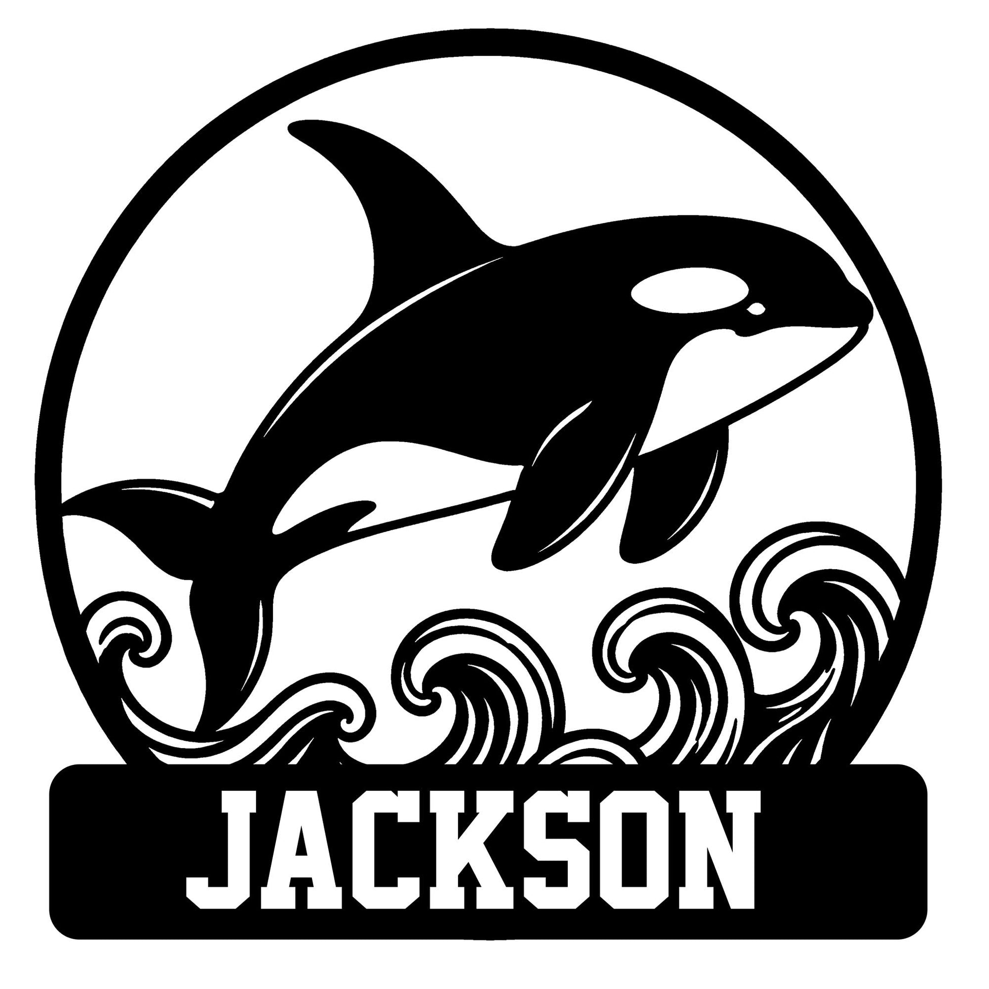 Bold black orca leaping above stylized ocean waves in a circular metal sign design