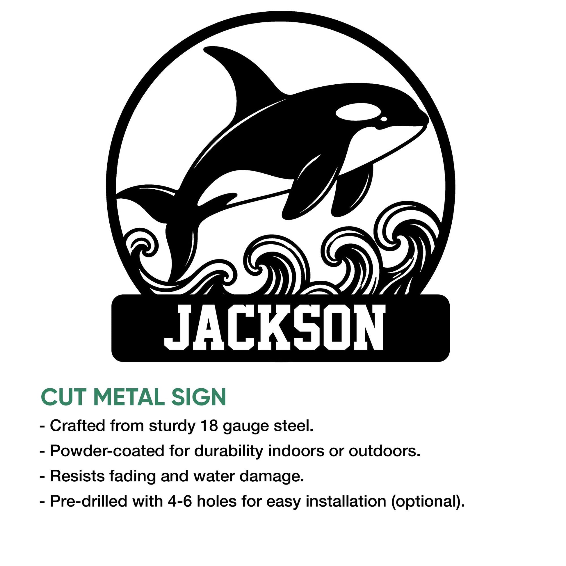 Orca metal sign featuring a breaching whale, curling waves, and a bold rectangular base