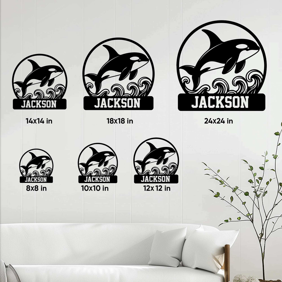 Orca metal sign size guide showing available dimensions from 8 by 8 to 24 by 24 inches