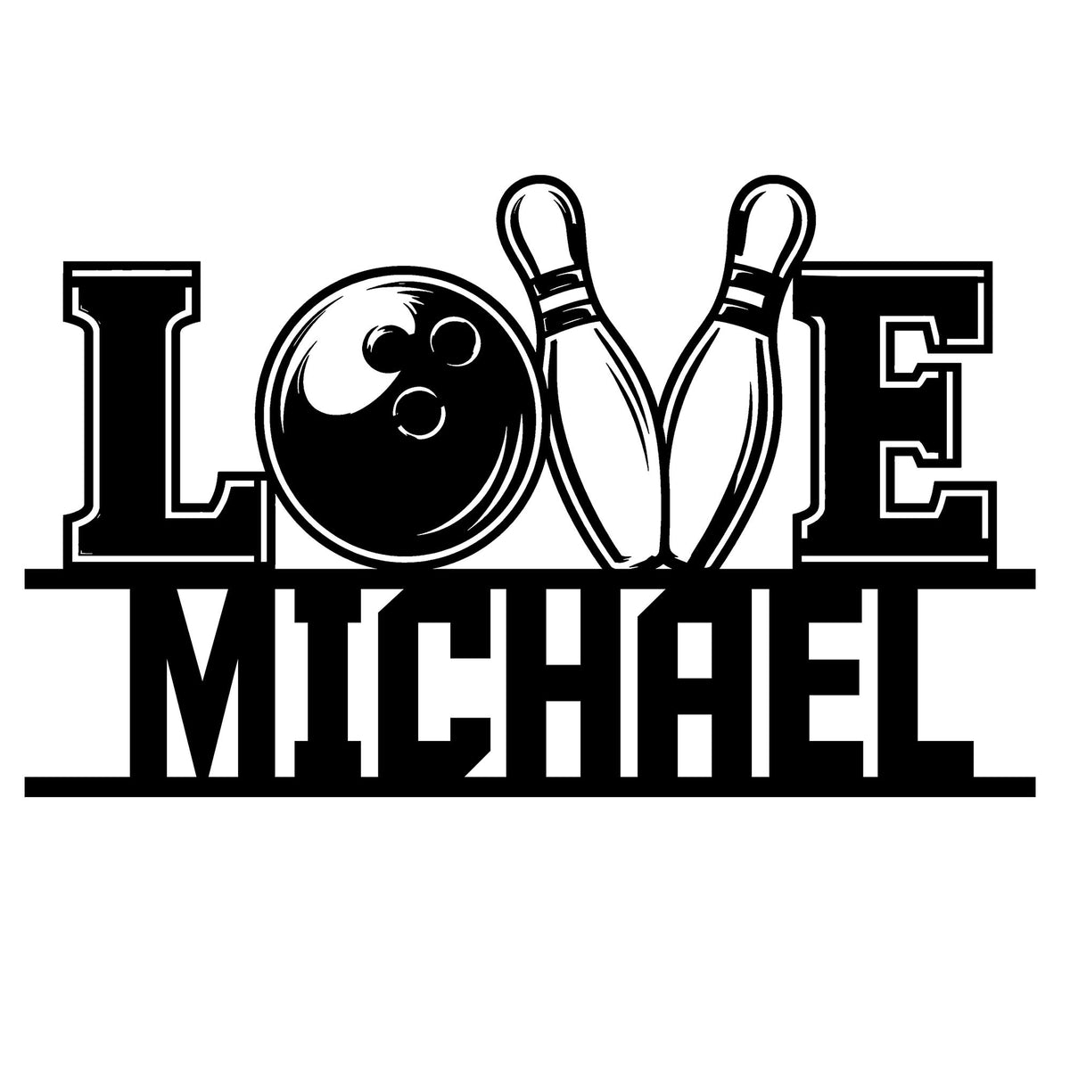 Custom bowling metal sign featuring a bowling ball and pins integrated into bold LOVE wall art