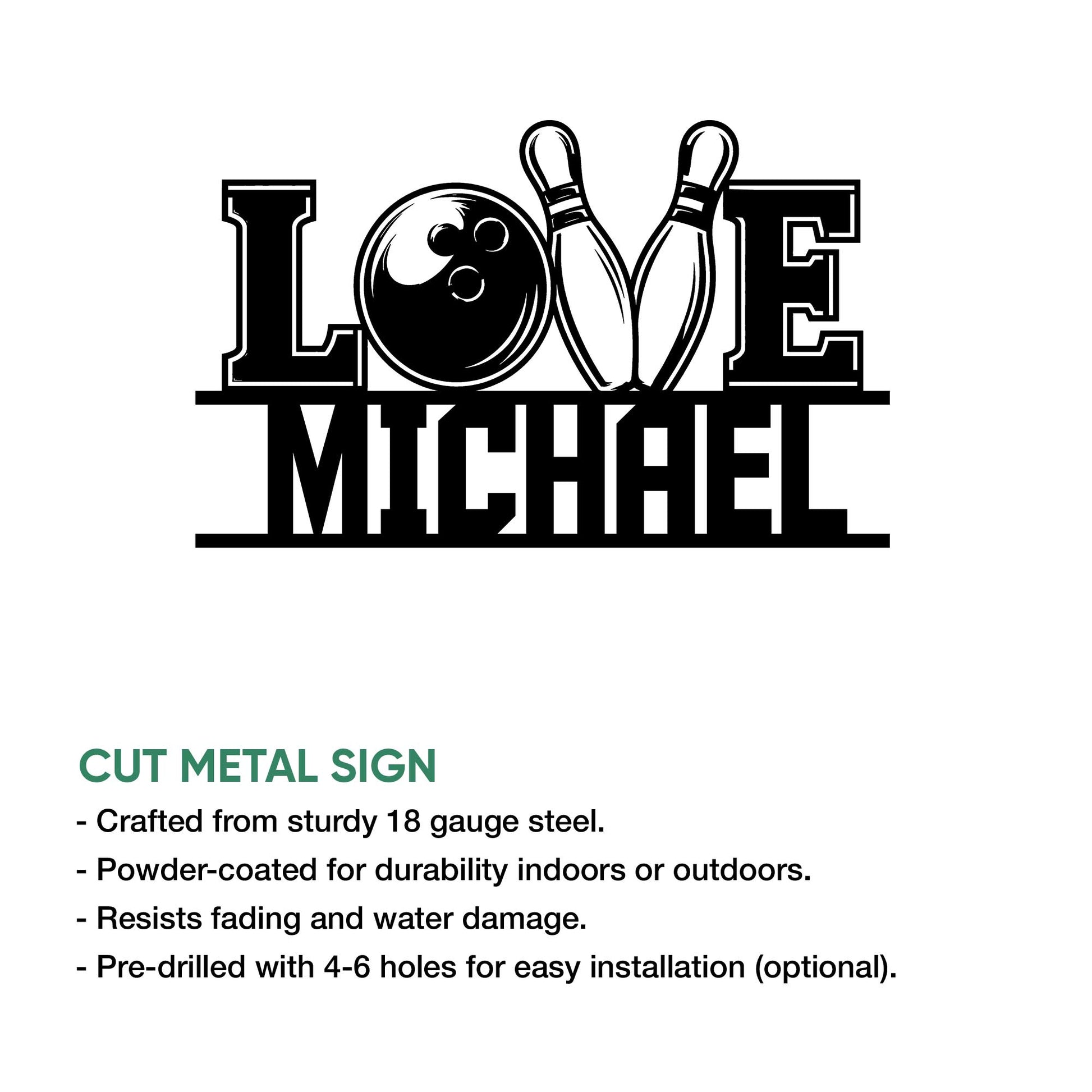 Black-and-white bowling wall sign with a bowling ball, pins, and LOVE-inspired design