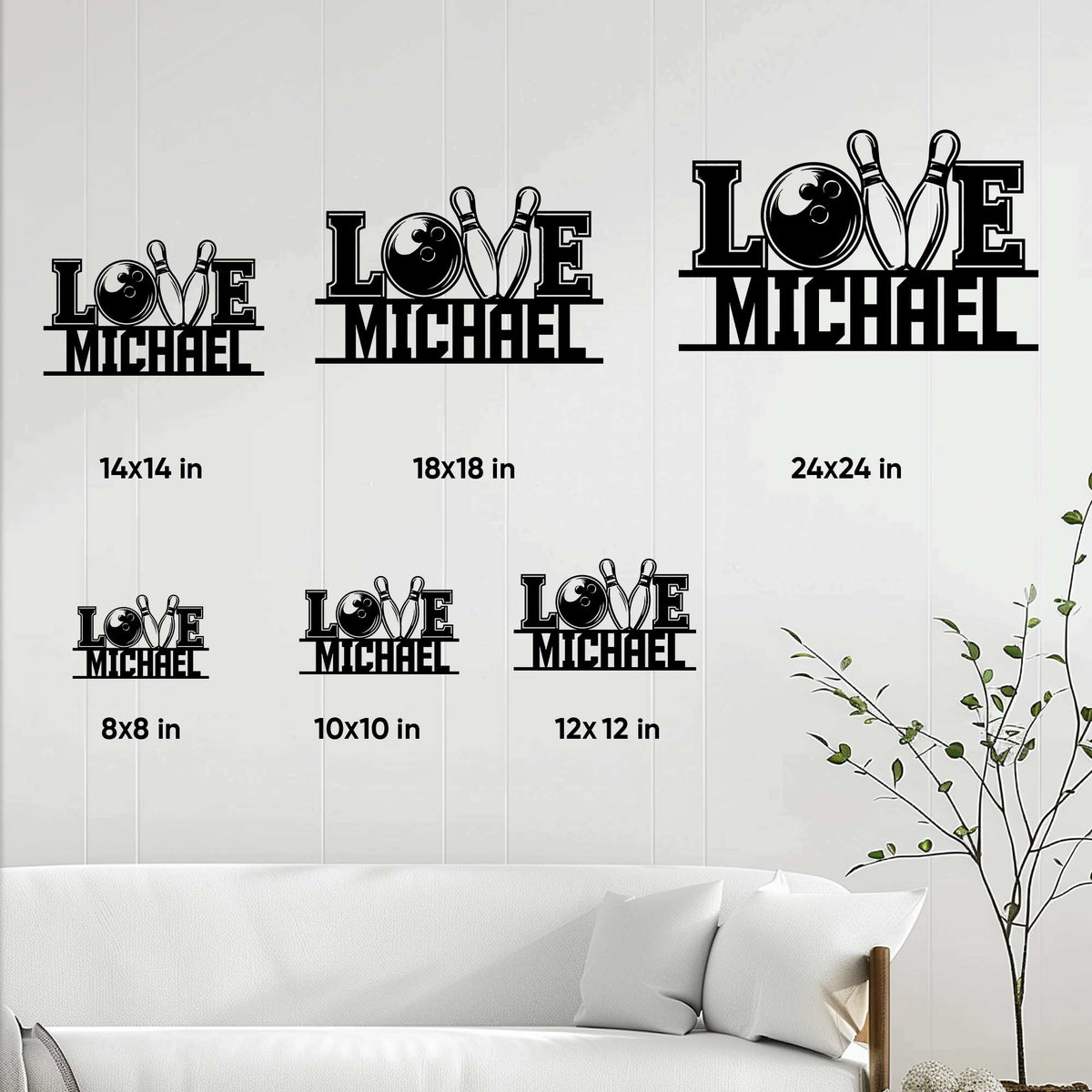 Bowling sign size guide showing multiple square size options in a home decor setting