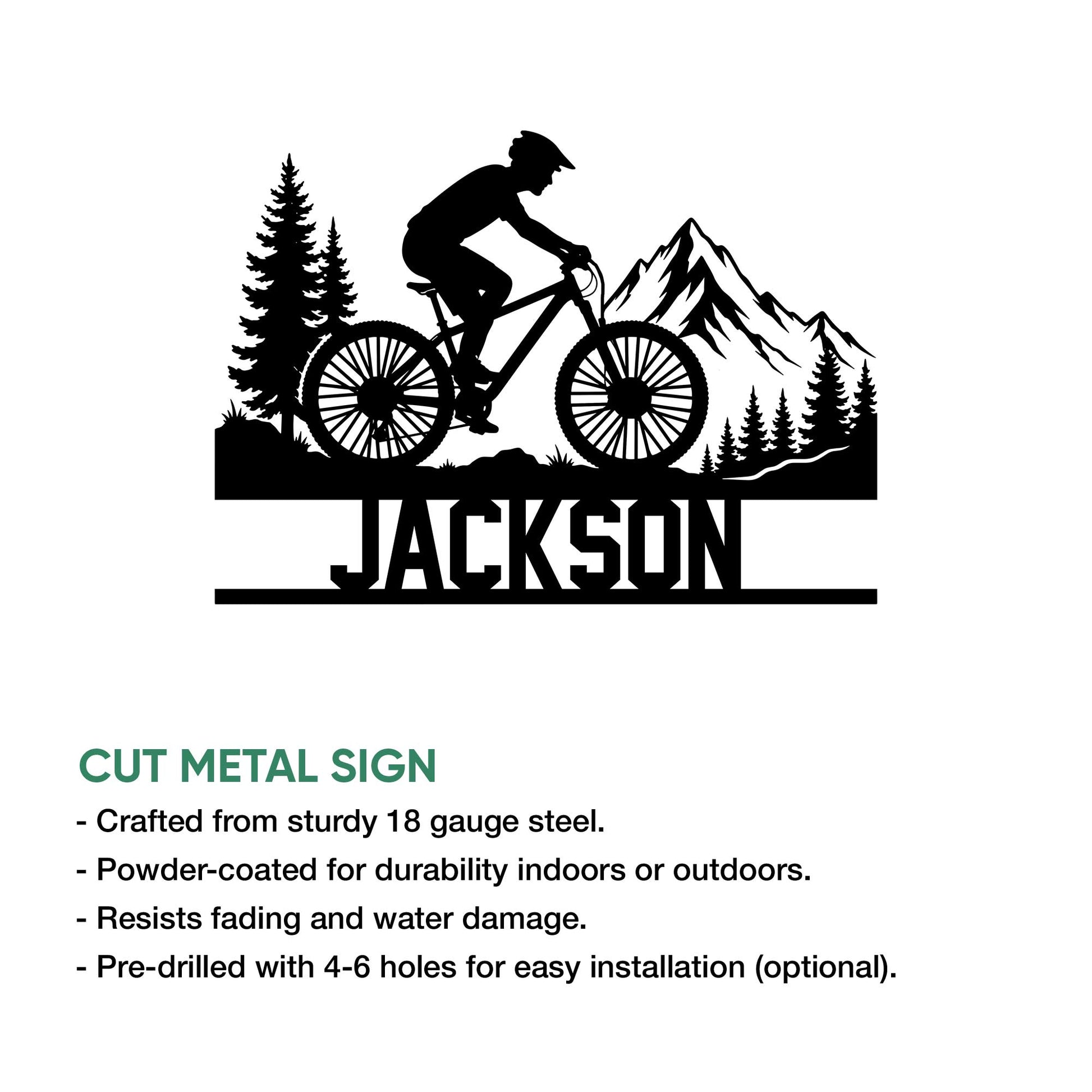Mountain bike wall sign shown with a bold trail rider silhouette, forest landscape, and mountain backdrop