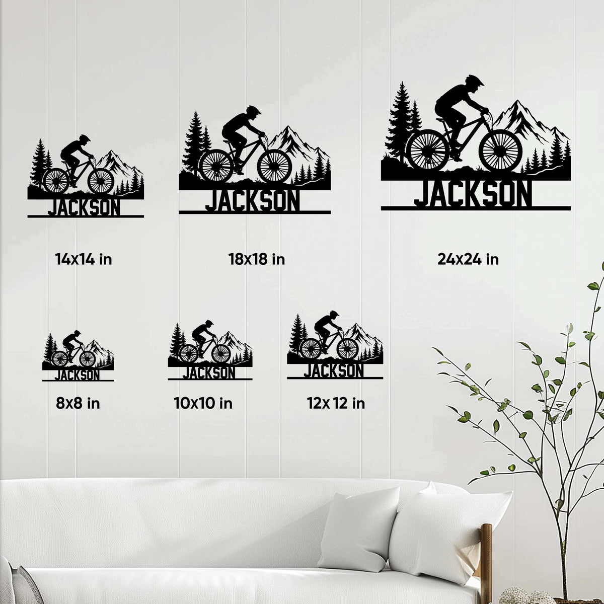 Mountain biking metal sign size guide showing available square sizes from 8 by 8 to 24 by 24 inches